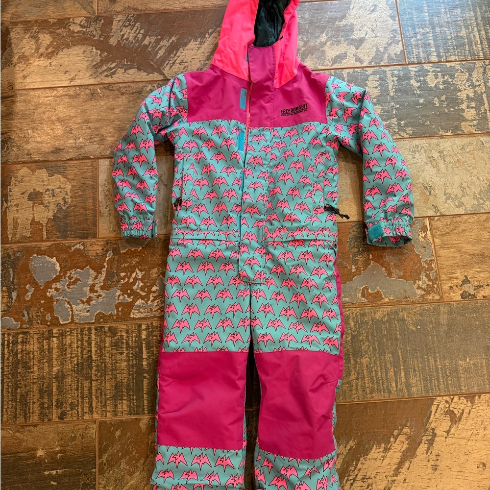 Airblaster Freedomsuit Pink and Teal Snowsuit with Bat Pattern Size SMALL
